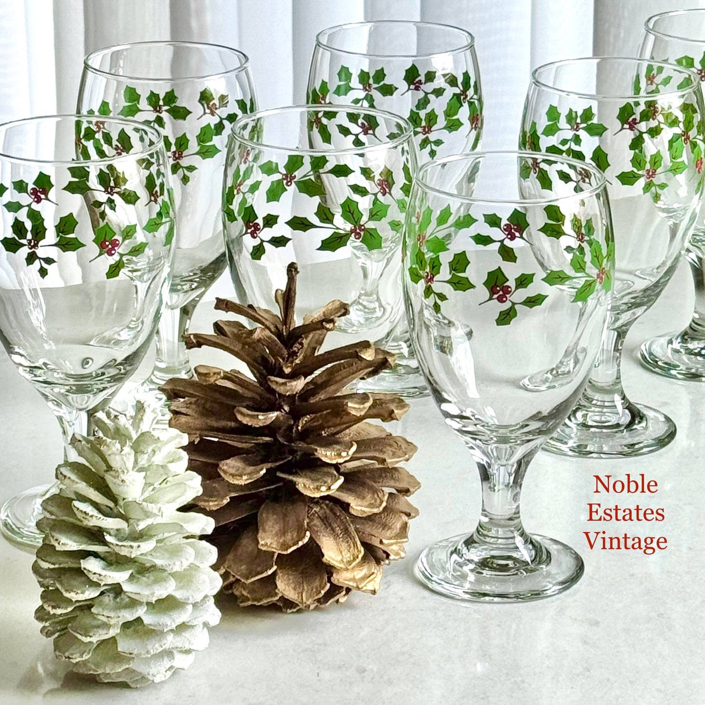 Vintage Libbey Holiday Holly Glasses - Set of 7 Goblets