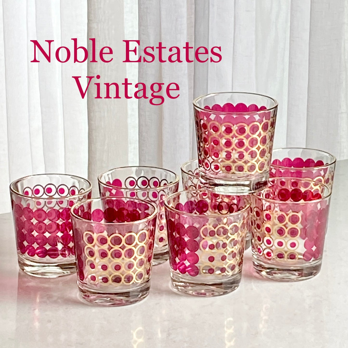 Vintage Cranberry and Gold Dots and CirclesGlasses - Set of 8