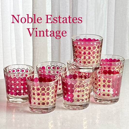 Vintage Cranberry and Gold Dots and CirclesGlasses - Set of 8