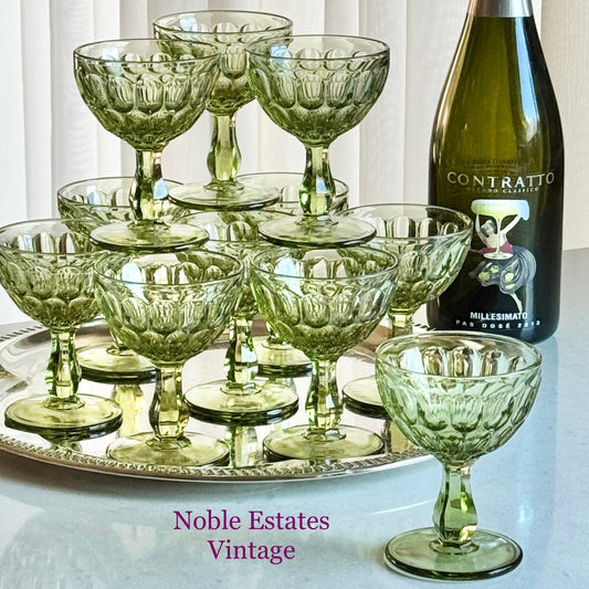 Vintage Fenton Colonial Green Thumbprint Glasses (circa 1963 - 1980) - Set of 11