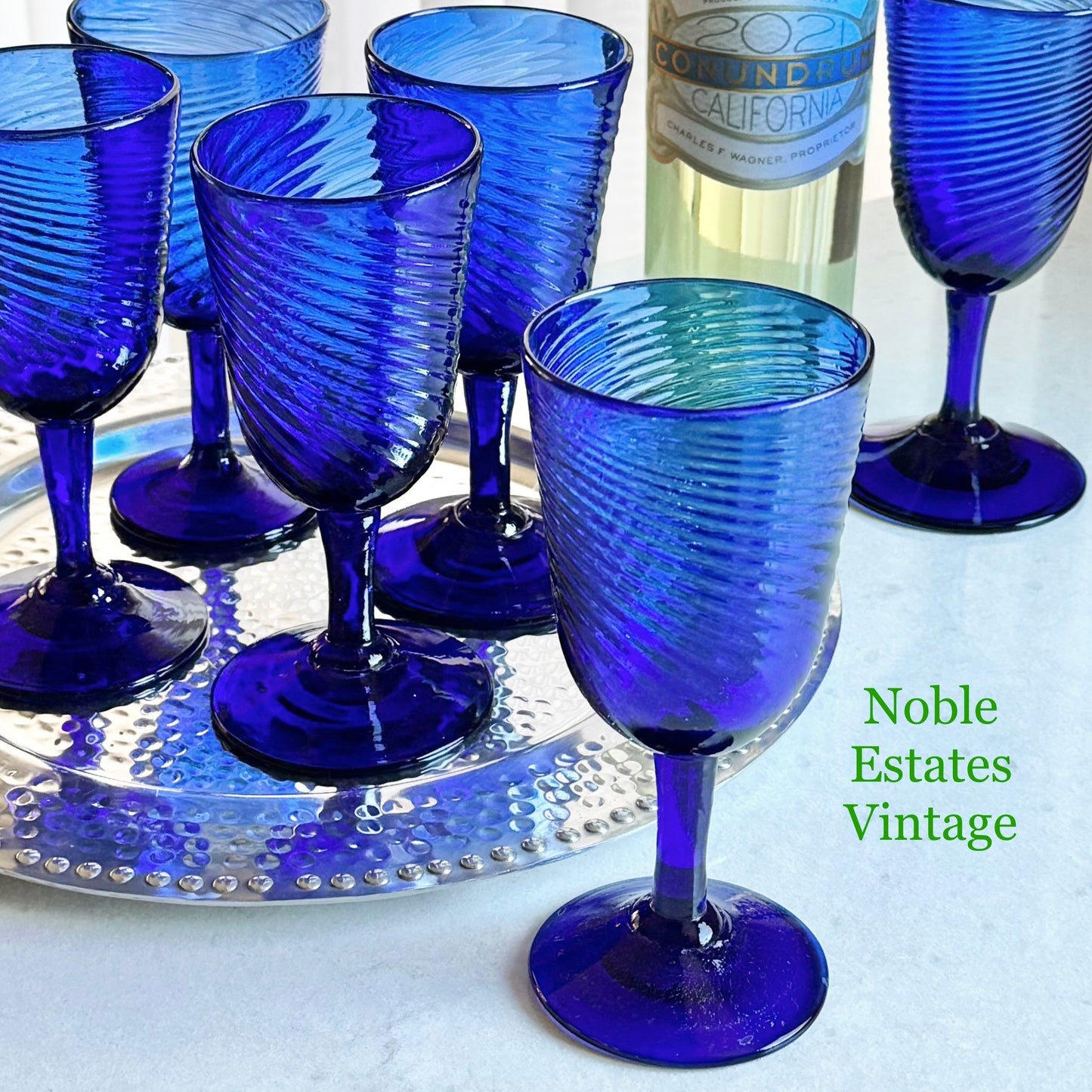 Vintage Hand Blown Cobalt Blue Swirl Glasses - Set of 6