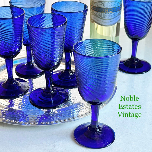 Vintage Hand Blown Cobalt Blue Swirl Glasses - Set of 6