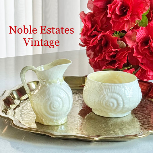 Vintage Belleek Iridescent Toy Shell Yellow Accent Sugar and Creamer Set (circa 1946 - 1955)