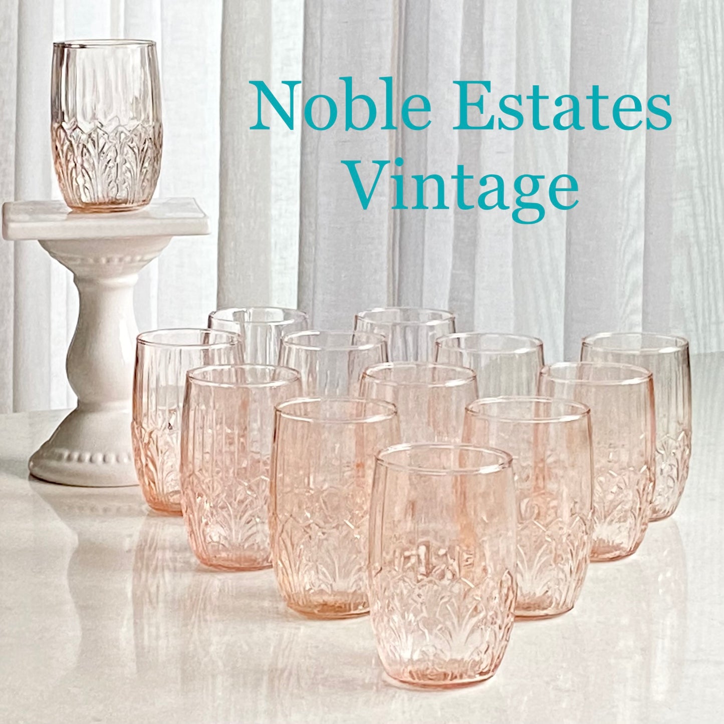 Vintage MacBeth Evans Crystal Leaf Pink Tumbler Glasses (circa 1928) - Set of 13