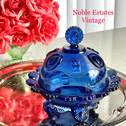 Vintage Imperial Glass Cobalt Blue Tri-Foot Lidded Dish