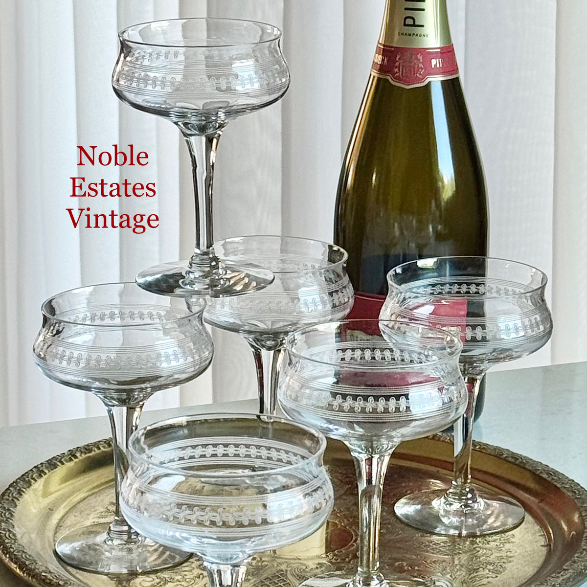 Vintage Tiffin Franciscan Needle Etched Champagne Coupes / Cocktail Glasses - Set of 6
