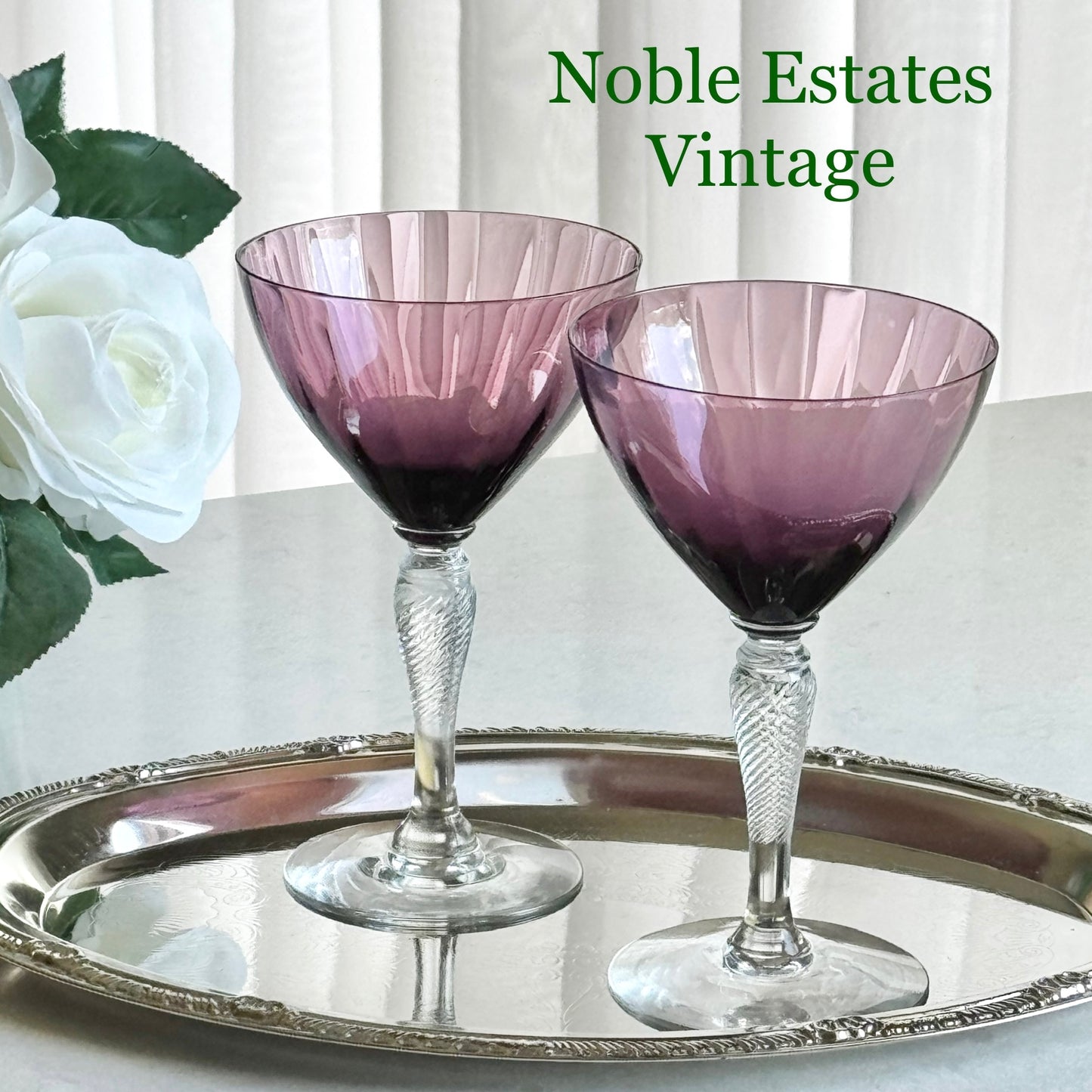 Vintage Fry Glass Amethyst Purple Optic Ribbed Twisted Stem Glasses (circa 1901 - 1933) - Set of 2