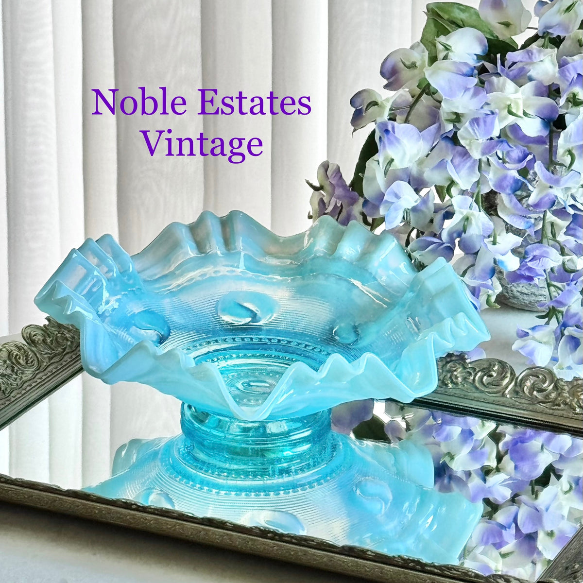 Antique Jefferson Glass Astro Blue Opalescent Ruffled Bowl (circa 1904 - 1906)