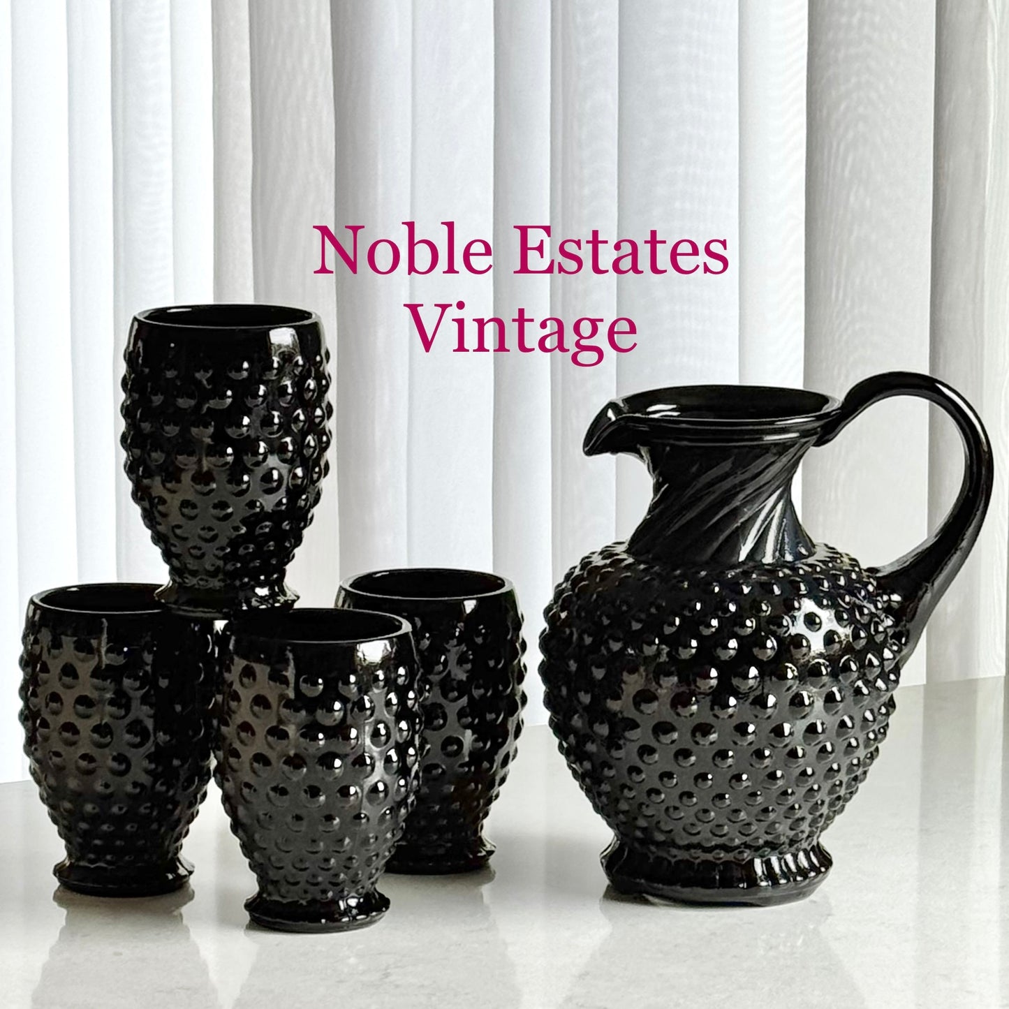 Indiana Glass Tiara Exclusives Black Hobnail Pitcher and 4 Tumblers  (circa 1975)