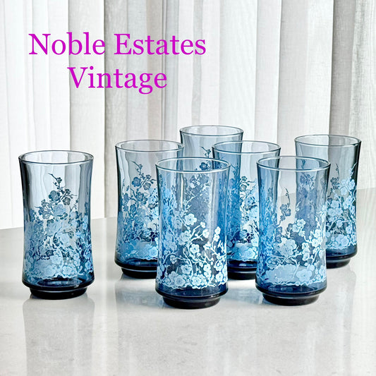 Vintage Libbey Blue Oriental Flower Glasses - Set of 7 Tumblers