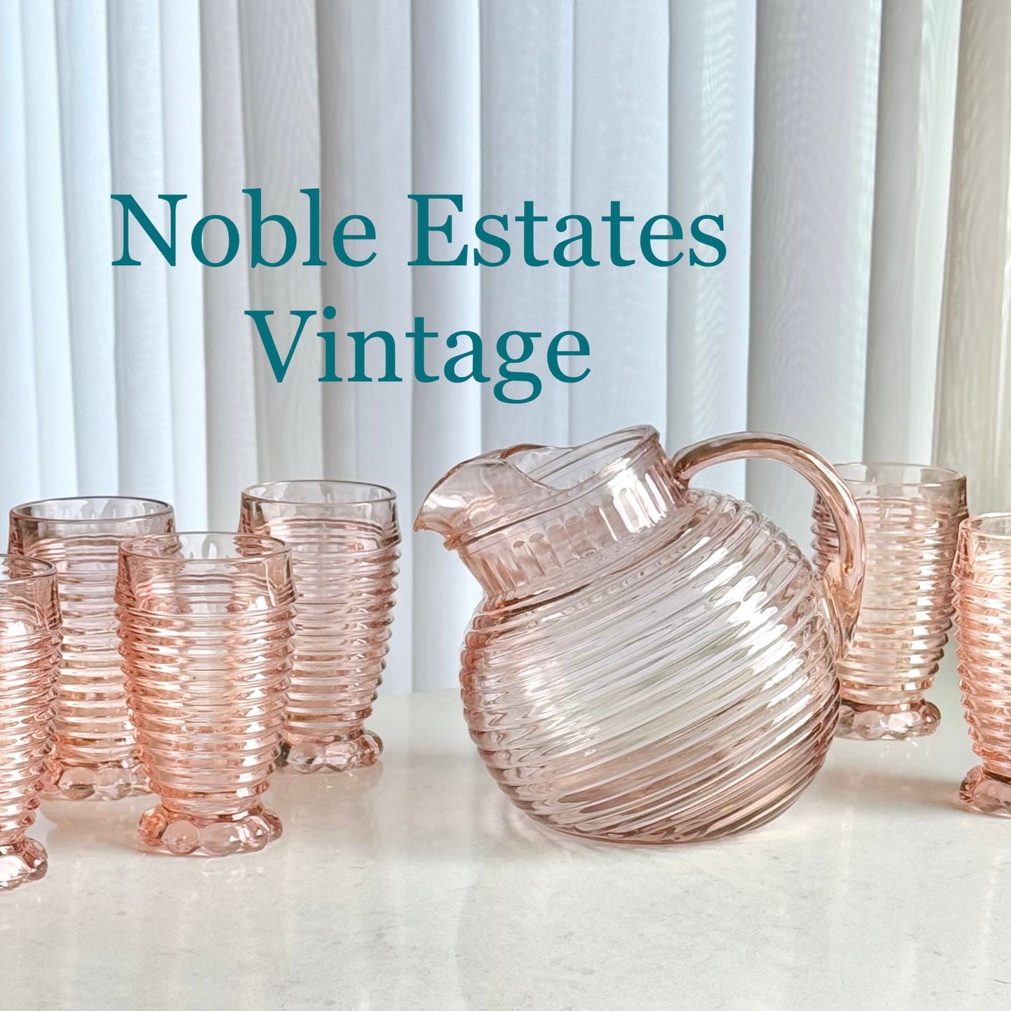 Vintage Anchor Hocking Manhattan Pink Pitcher and 6 Glasses (circa 1938 - 1943)