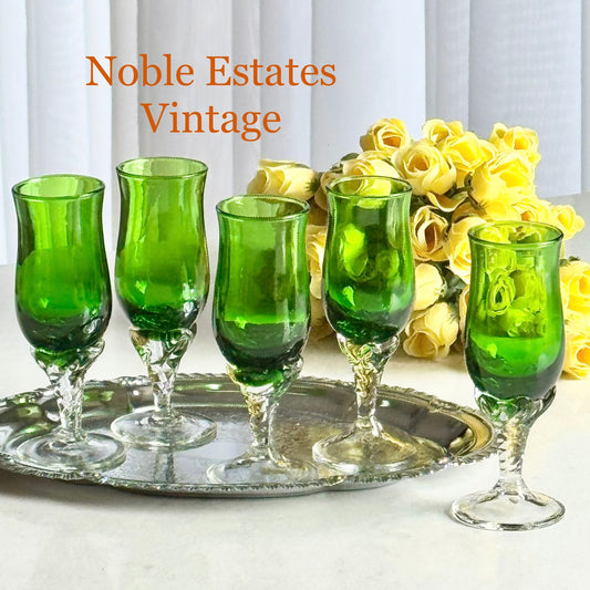 Vintage Emerald Green Twisted Stem Cordial / Liquor Glasses - Set of 5