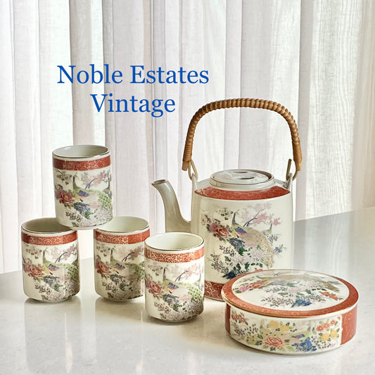 Vintage Satsuma Tea Set including Pot with lid, 4 Cups, and Tea Box with lid