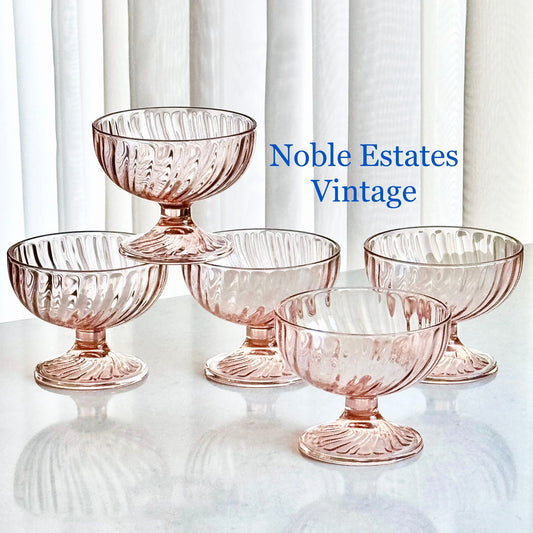 Vintage Rosaline Pink Swirl Optic Pedestal Bowls / Dessert Cups by Cristal d’Arques-Durand - Set of 5