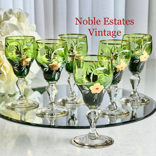 Vintage Hand Painted Green Cordial / Liquor Glasses - Set of 6
