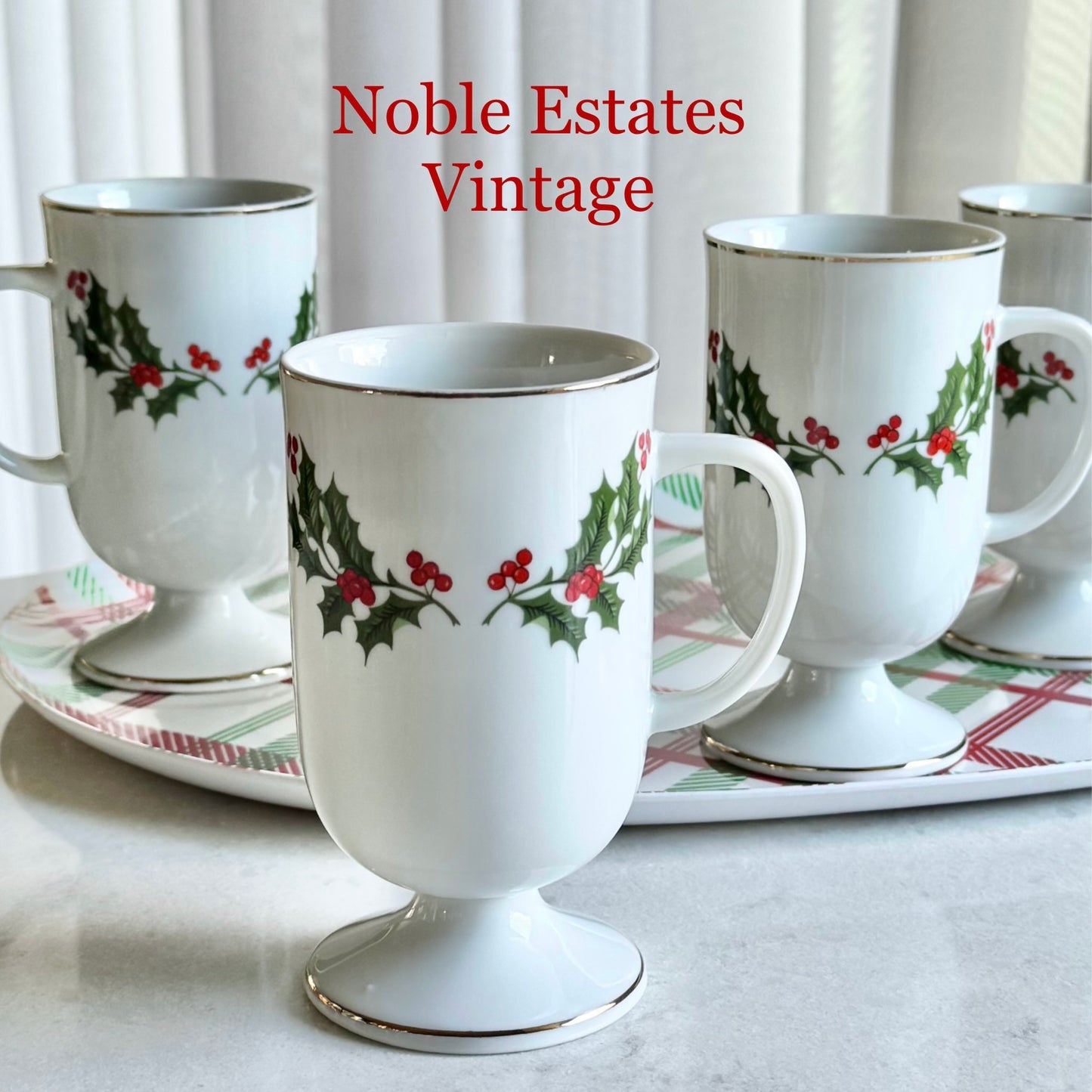 Vintage Kashima Christmas Holly Footed Cups - Set of 4
