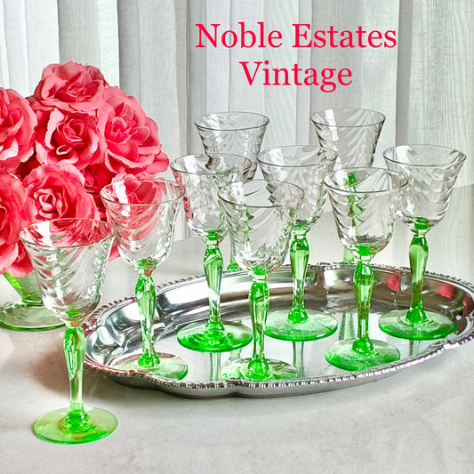 Vintage Uranium Glass Green Stem Optic Pattern Cordial / Tasting Glasses - Set of 8