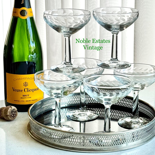 Vintage Laurel Leaf Etched Champagne Coupes / Cocktail Glasses - Set of 6