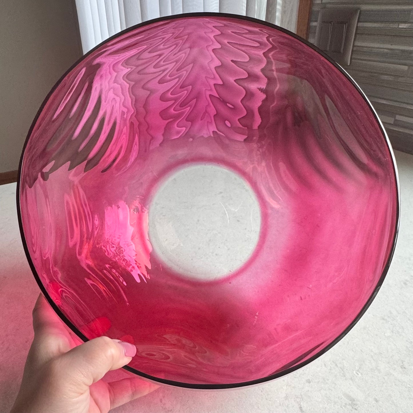 Vintage West Virginia Glass Rose Lustre Loop Optic Punch Bowl and 7 Glasses