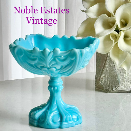 Vintage Portieux Vallerysthal Opaline Blue Pedestal Dish
