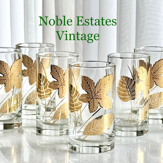Vintage Libbey Gold Leaves Glasses -  Set of 8 Highball Tumblers