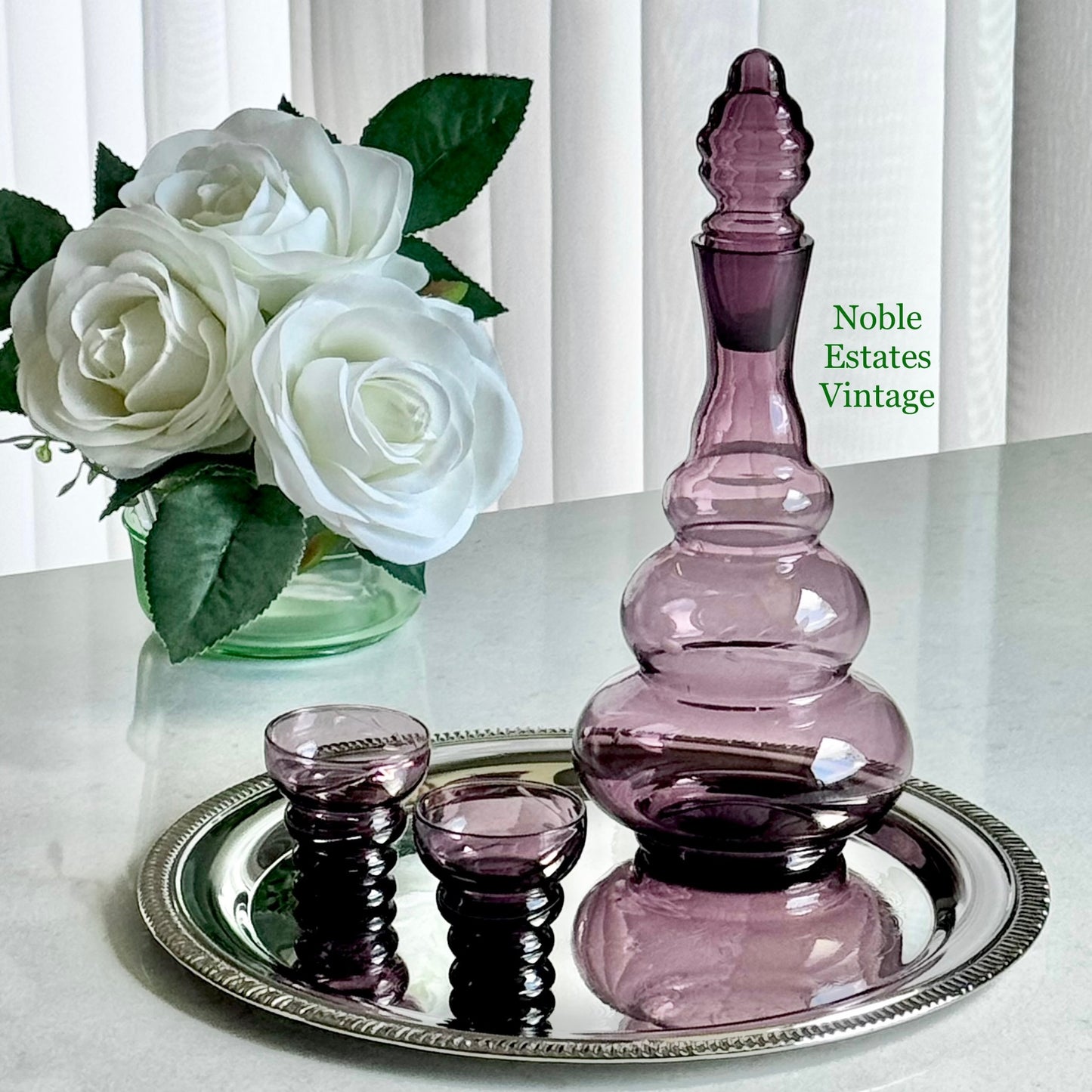Vintage Amethyst Purple Decanter Set with Two Glasses