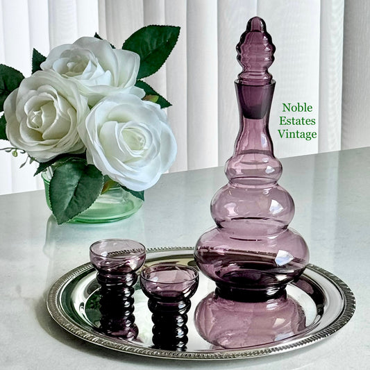 Vintage Amethyst Purple Decanter Set with Two Glasses