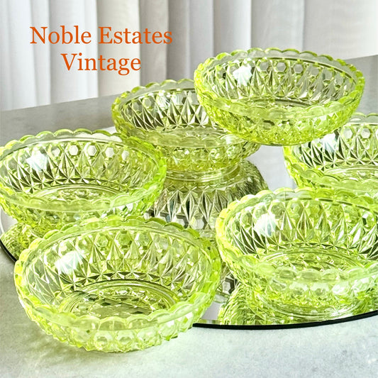 Antique Central Vaseline Glass Pressed Block and Diamond Zephyr Bowls (circa 1885 - 1891) - Set of 6