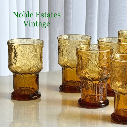 Vintage Libbey Country Garden 10 Ounce Amber Glasses - Set of 8 Tumblers