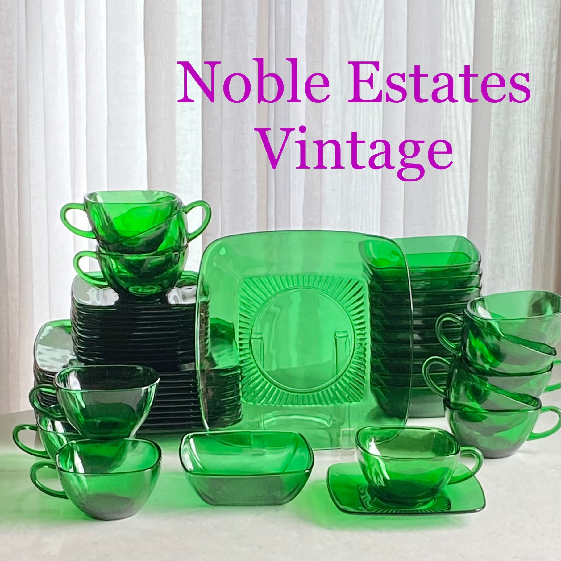 Vintage Anchor Hocking Forest Green Square Charm dishes for sale by Noble Estates Vintage.