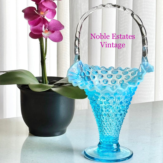 Vintage Fenton Blue Opalescent Large 12 Inch Basket (circa 1939 - 1955)