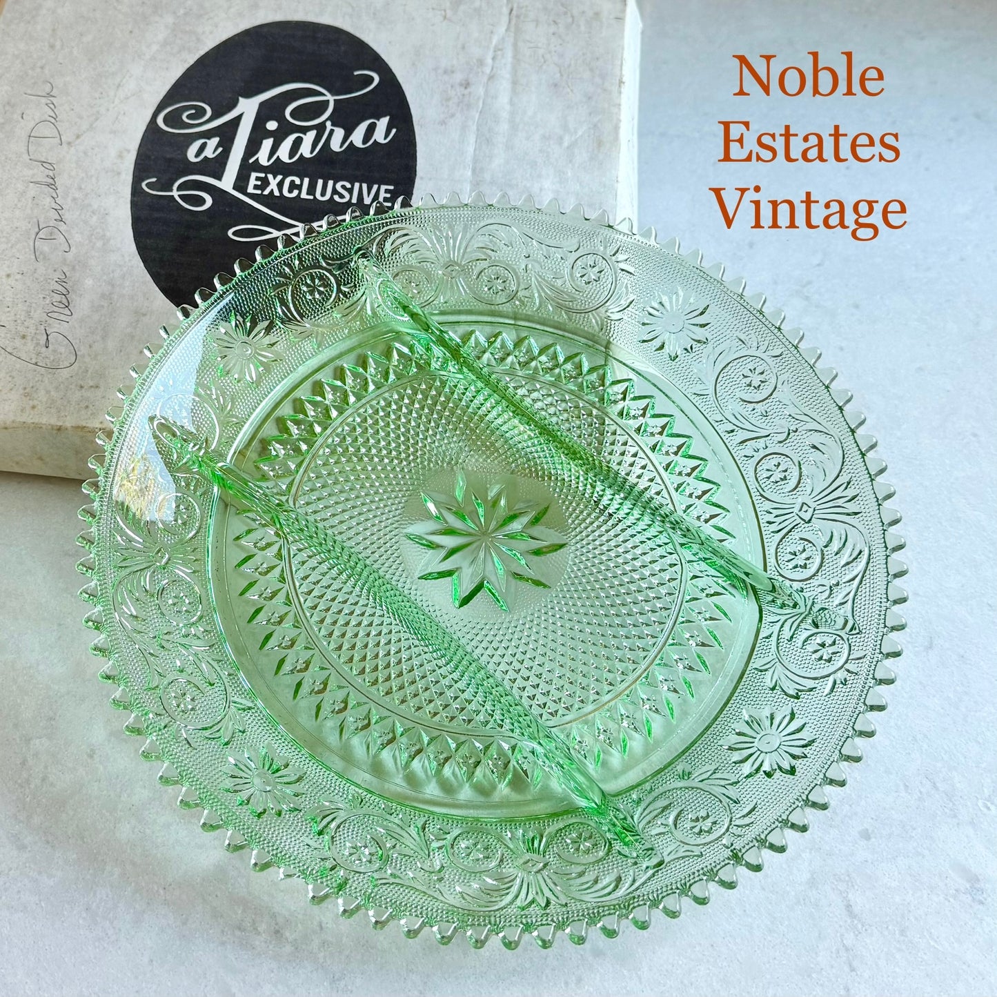 Vintage Indiana Glass Tiara Exclusive Chantilly Green Three-Part Divided Relish Dish