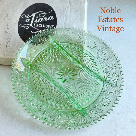 Vintage Indiana Glass Tiara Exclusive Chantilly Green Three-Part Divided Relish Dish