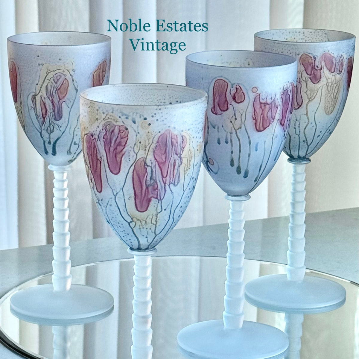 Vintage Satin Frosted Stacked Stem Hand Painted Glasses - Set of 4
