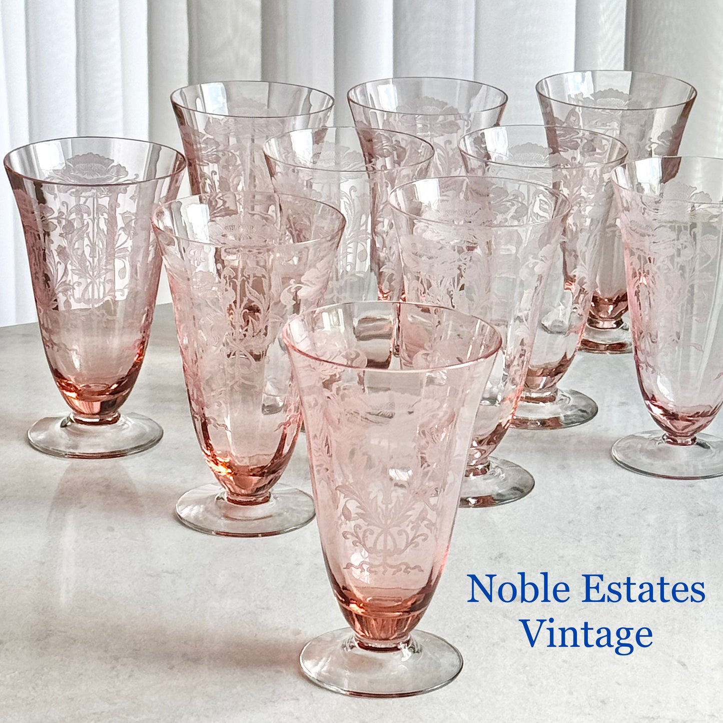 Tiffin-Franciscan Flanders Pink Footed Ice Tea Tumblers (circa 1927 - 1935) - Set of 10