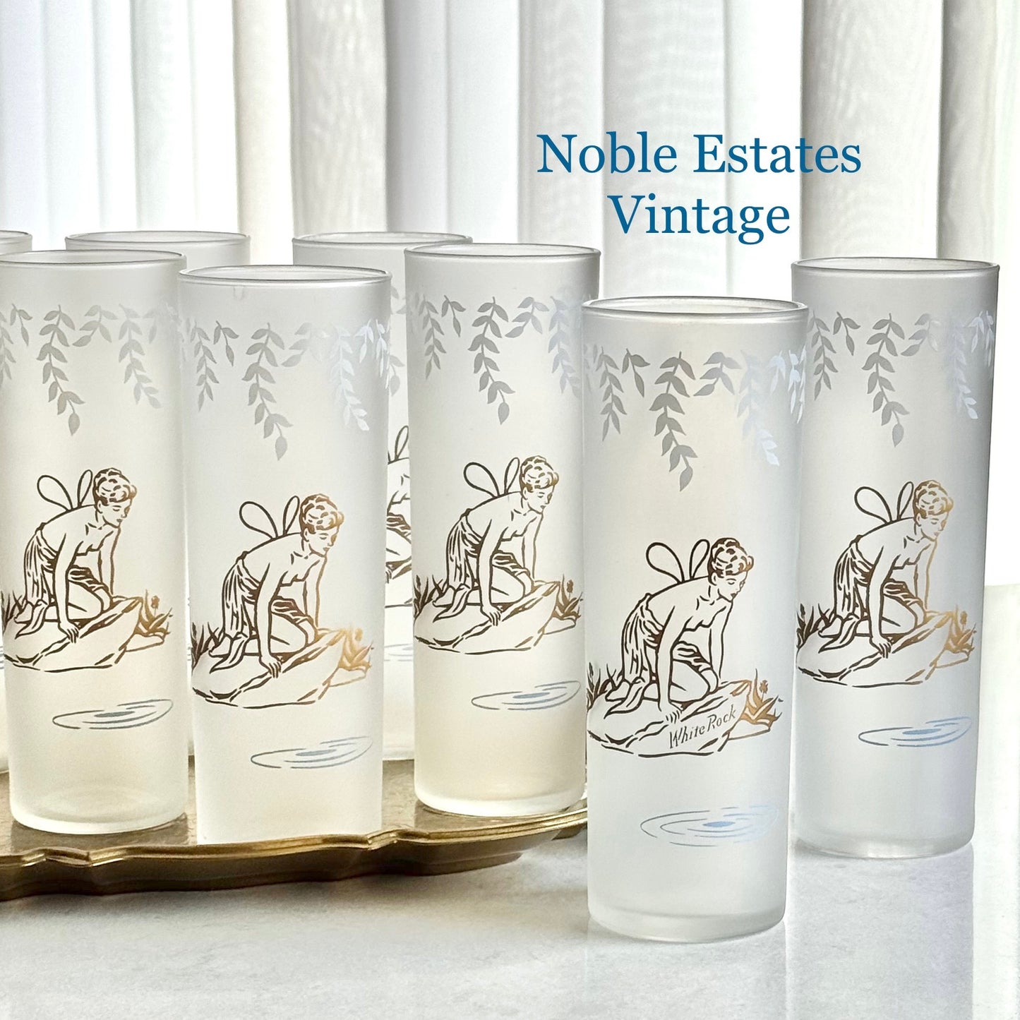 Vintage Libbey Gold Fairy Nymph Frosted Cooler Glasses - Set of 9