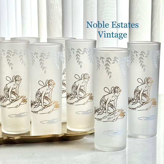 Vintage Libbey Gold Fairy Nymph Frosted Cooler Glasses - Set of 9