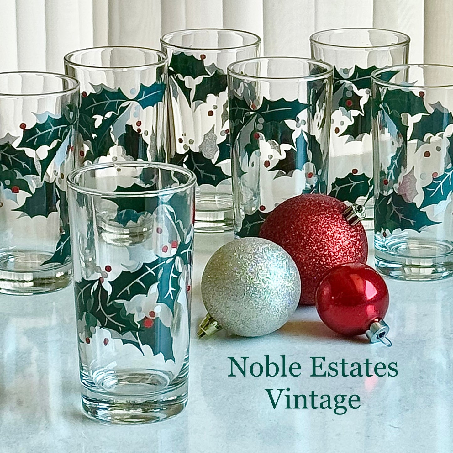 Vintage Silver Accented Holly and Berries 10 Ounce Glasses - Set of 7 Tumblers