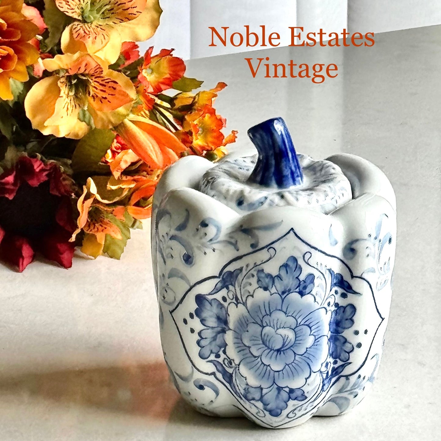 Vintage Seymour Mann Blue and White Flora Pumpkin with Original Sticker Still Attached