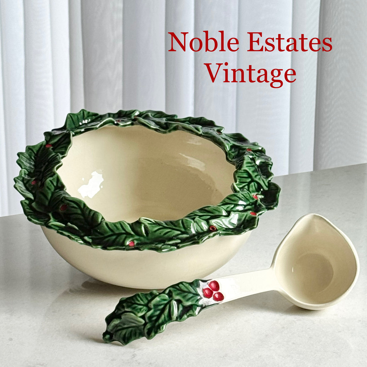 Vintage Atlantic Mold Hand Painted Holly Berry Rimmed Bowl and Ladle