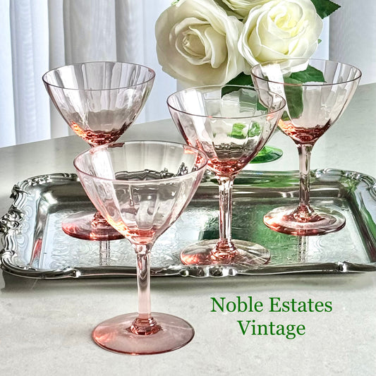 Vintage Pink Optic Panel Ribbed Glasses - Set of 4