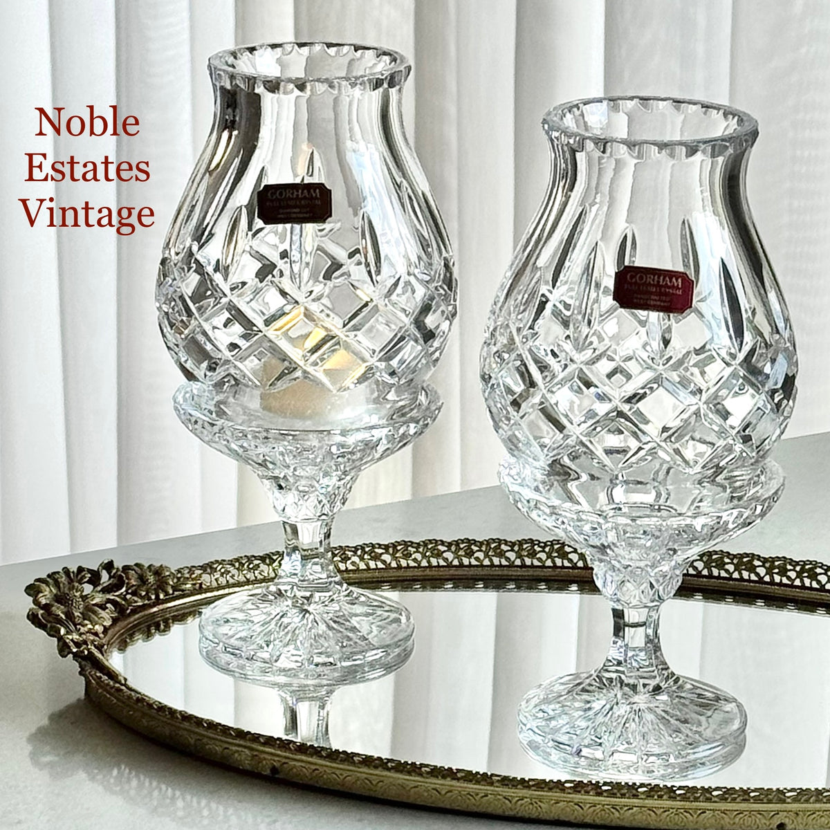 Vintage Gorham Crystal King Edward Fairy Light / Courting Lamp / Hurricane Candle Holder (circa 1982 - 1999) - Set of 2