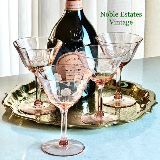 Vintage Pink Etched Optic Panel Glasses (#4E) - Set of 4