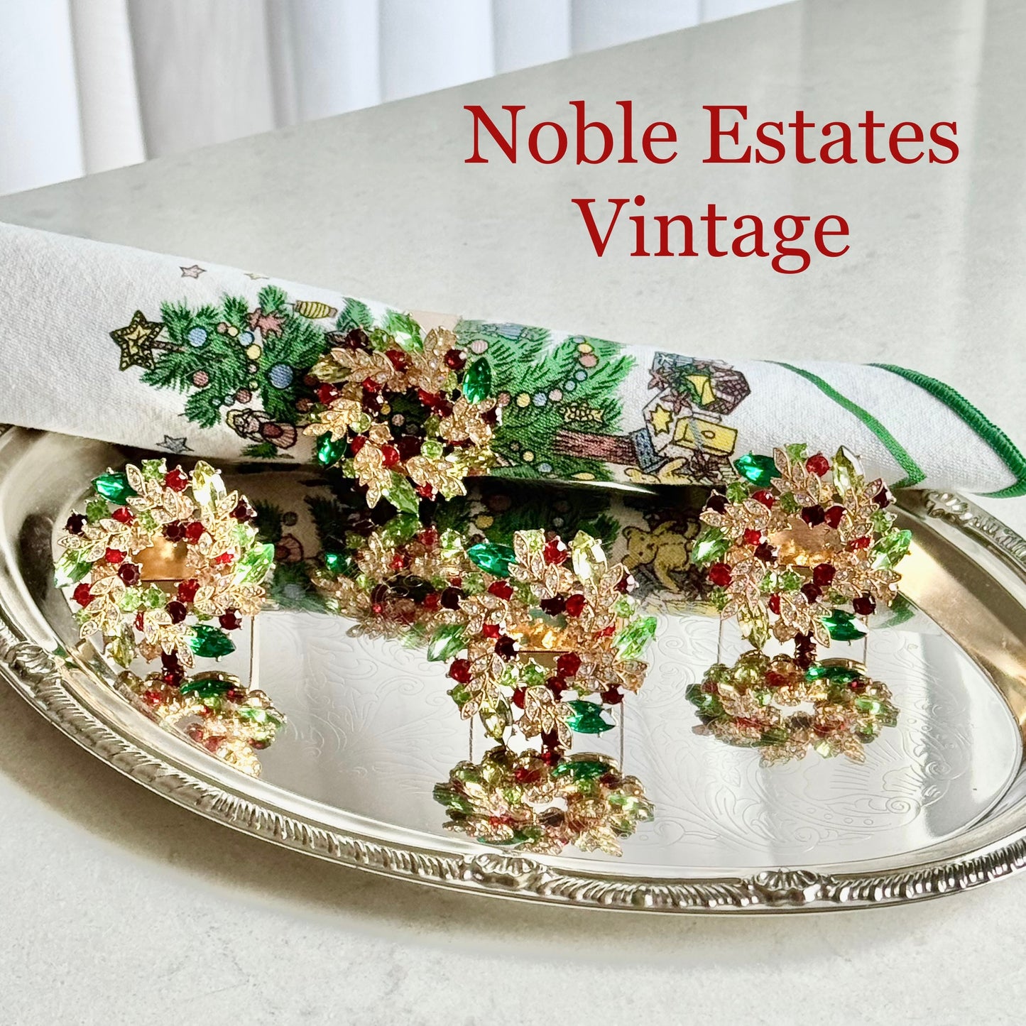 Vintage Kim Seybert Holiday Wreath Jeweled Napkin Rings - Set of 4