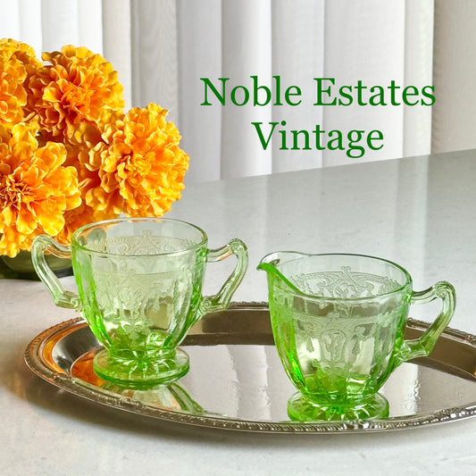 Vintage Anchor Hocking Cameo Dancing Ballerina Uranium Green Sugar and Creamer Set - circa 1930-1934