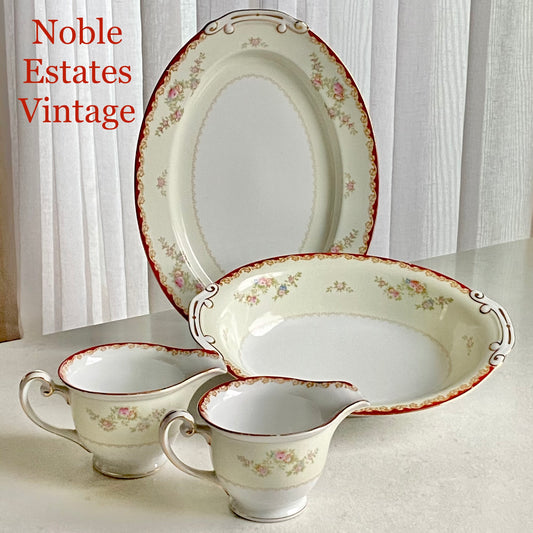 Vintage Cherry China red rimmed serving pieces for sale by Noble Estates Vintage.