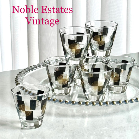 Vintage Anchor Hocking Black and Gold Atomic Starburst Tumblers - Set of 7