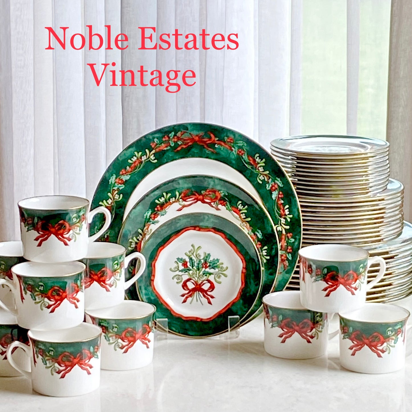 Vintage Royal Worcester Holly Ribbons Gold Rimmed Green Dishes (circa 2001 - 2004) - Service for 4