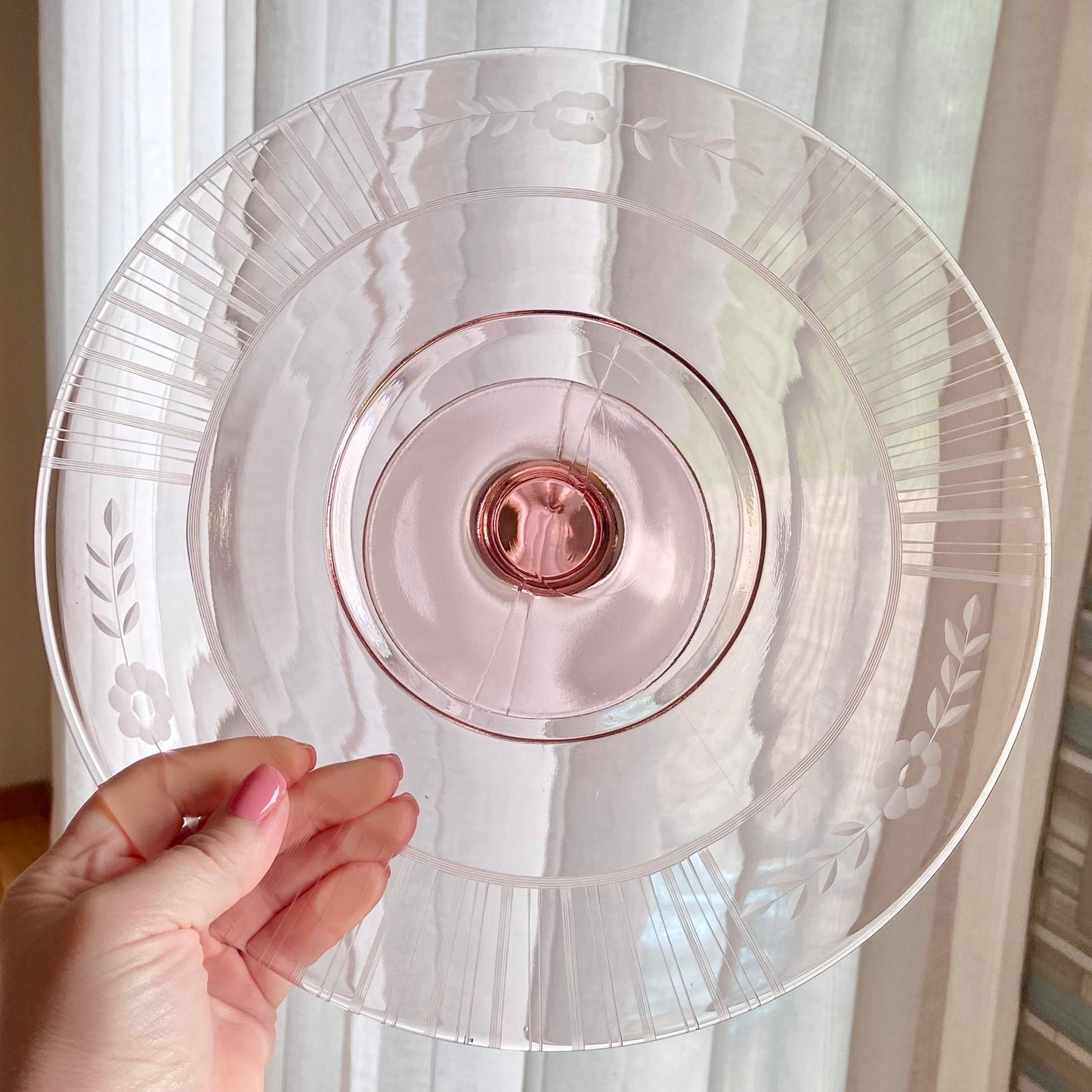 Vintage Pink Etched Cake Stand