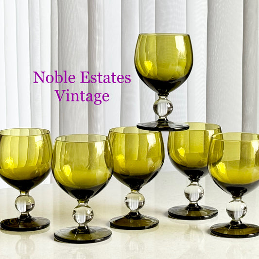 Vintage Ball Stem Olive Green Glasses - Set of 6 Small Goblets